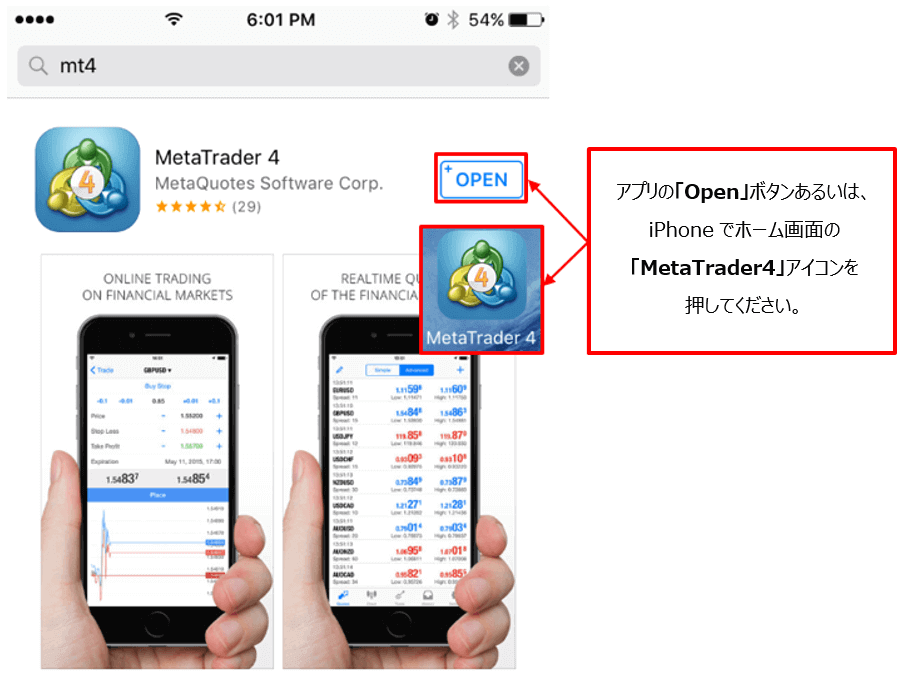 MT4アプリの「OPEN」のボタン