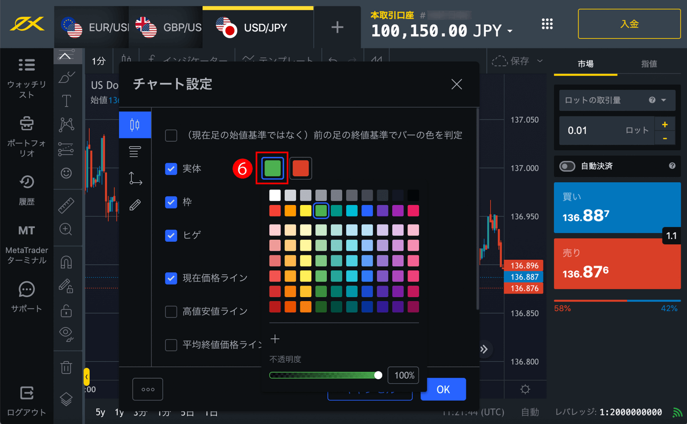 Exness(エクスネス)のウェブターミナルで「チャートの色」の変更方法|ローソクの実体の色の新しい選択カラーが表示される