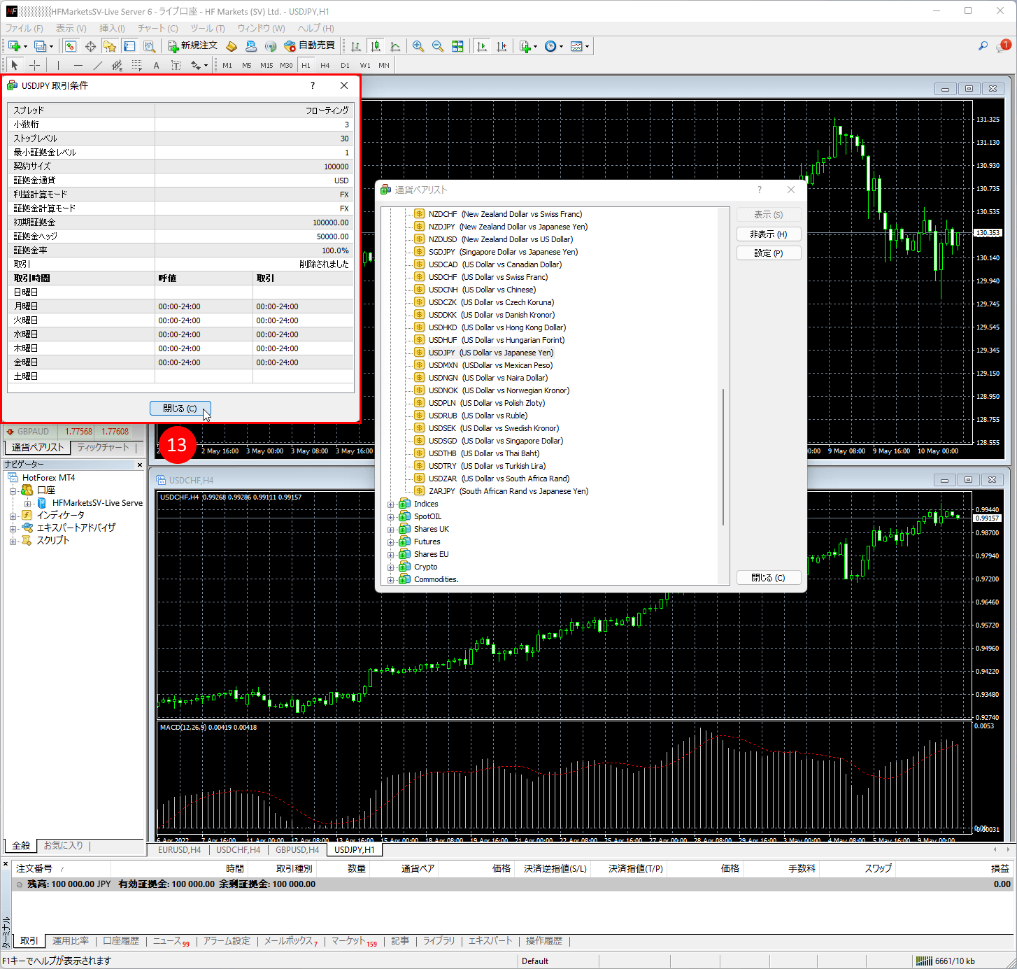 HFM (HFマーケッツ) のメタトレーダー4(MT4)に銘柄の取引条件・確定を確認方法|金融商品などのMT4「取引条件」ウィンドウ