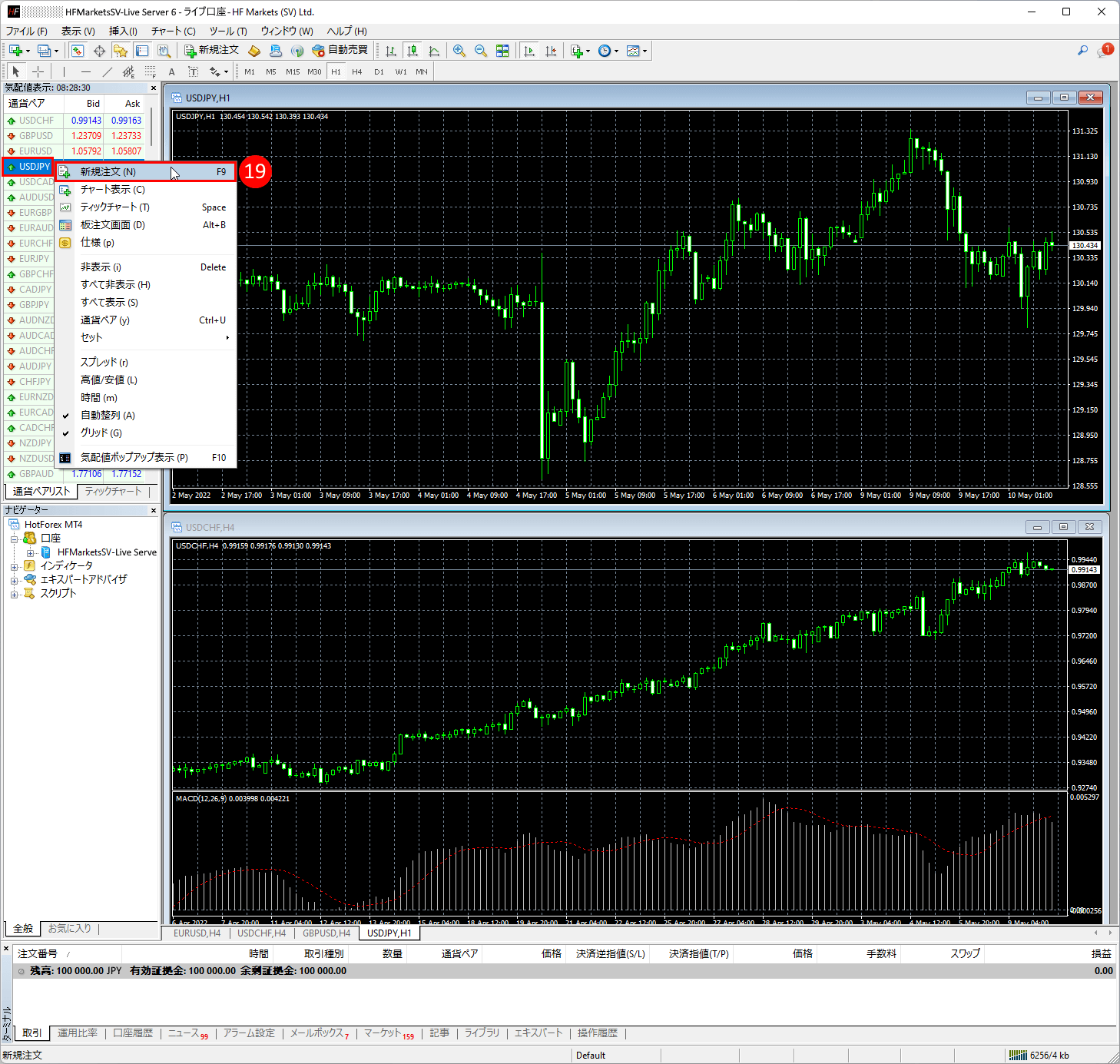 HFM (HFマーケッツ) のメタトレーダー4(MT4)に新規成行注文を発注する方法