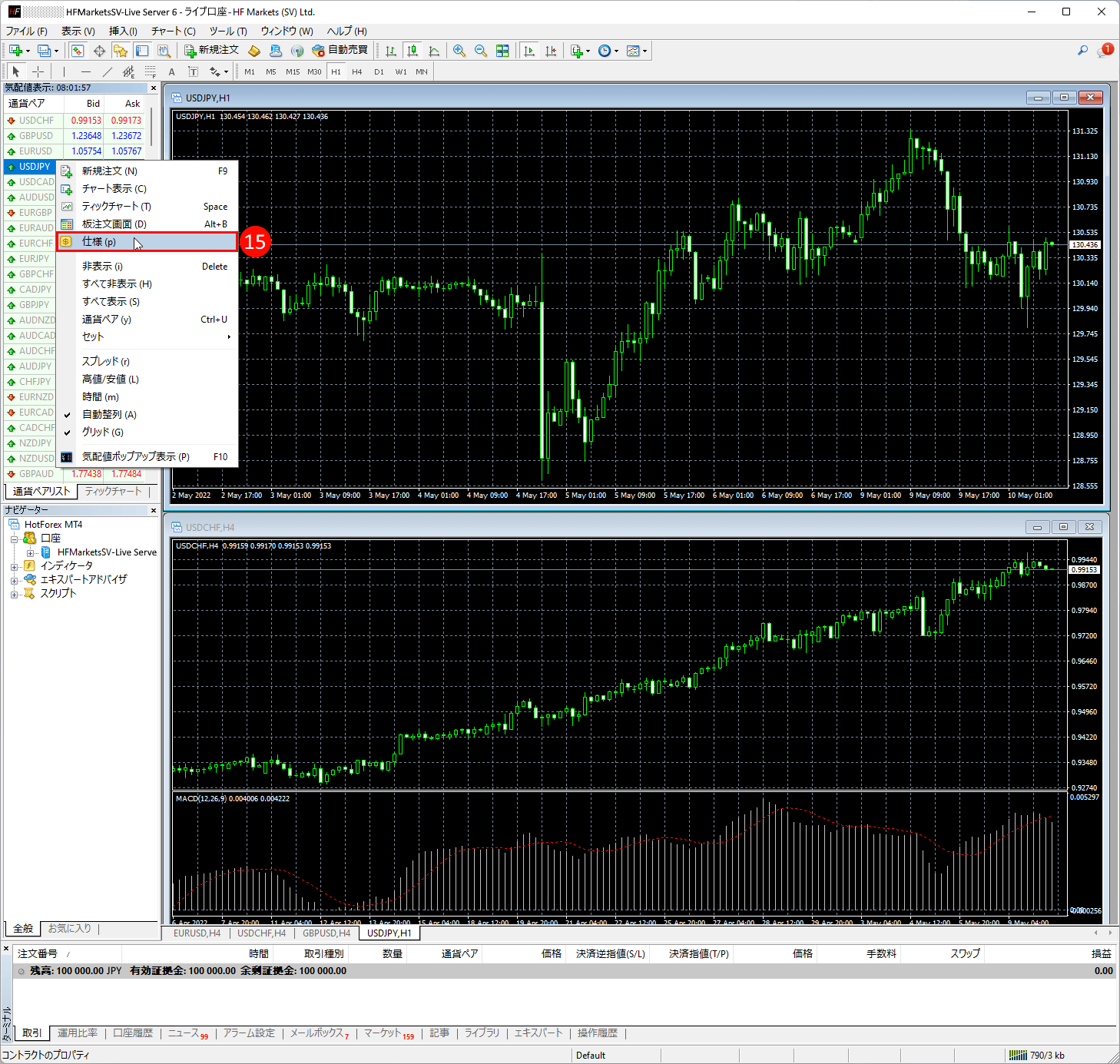 HFM (HFマーケッツ) のメタトレーダー4(MT4)の仕様を確認方法