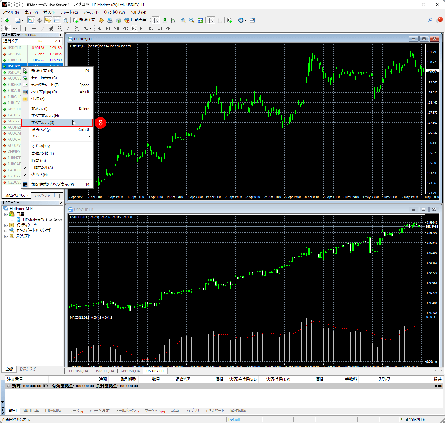 HFM (HFマーケッツ) のメタトレーダー4(MT4)に全銘柄を表示する方法|「すべて表示 (s)」