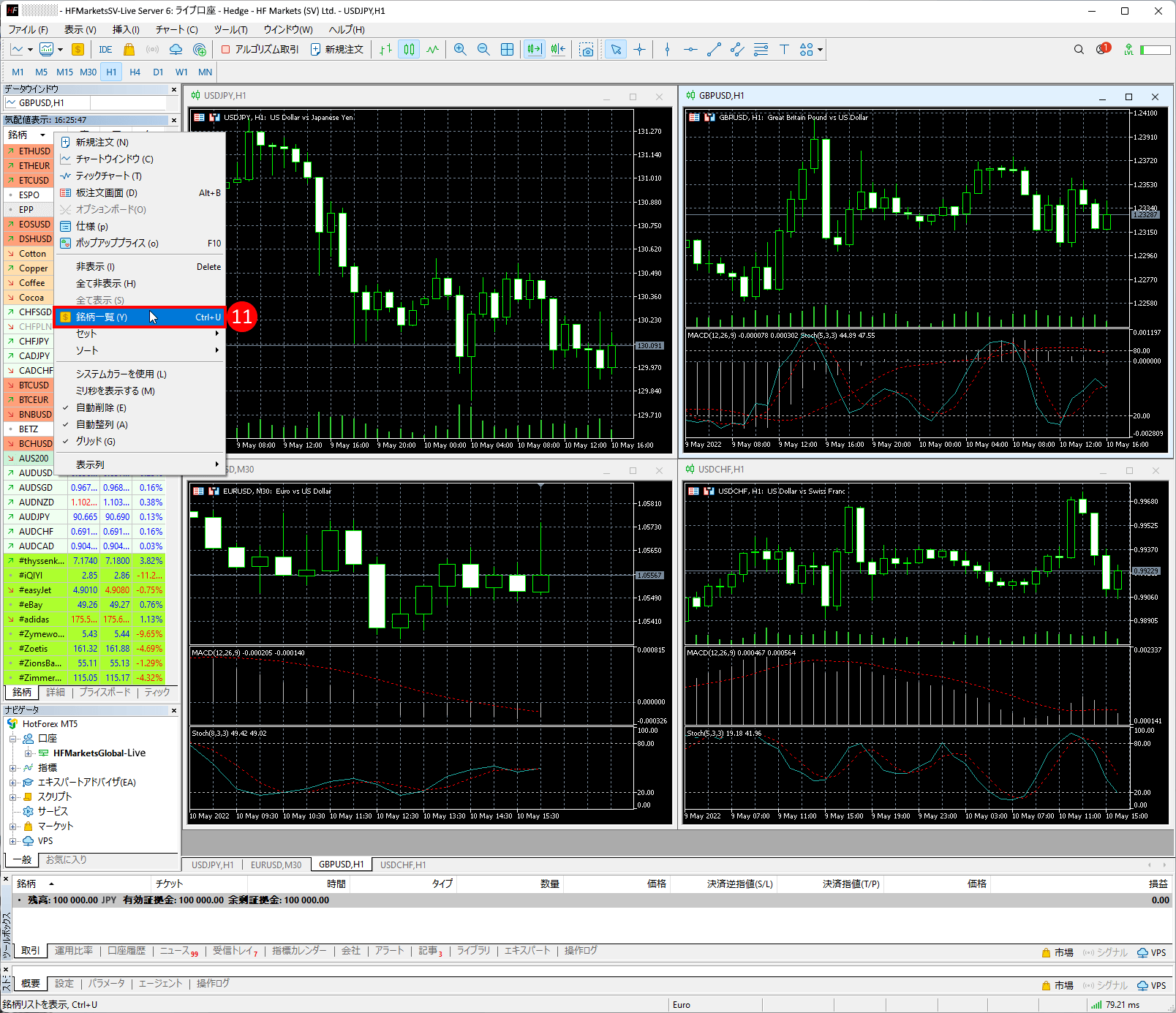 HFM (HFマーケッツ) のメタトレーダー5(MT5)に全銘柄を表示する方法|銘柄一覧(Y)オプションを選択する