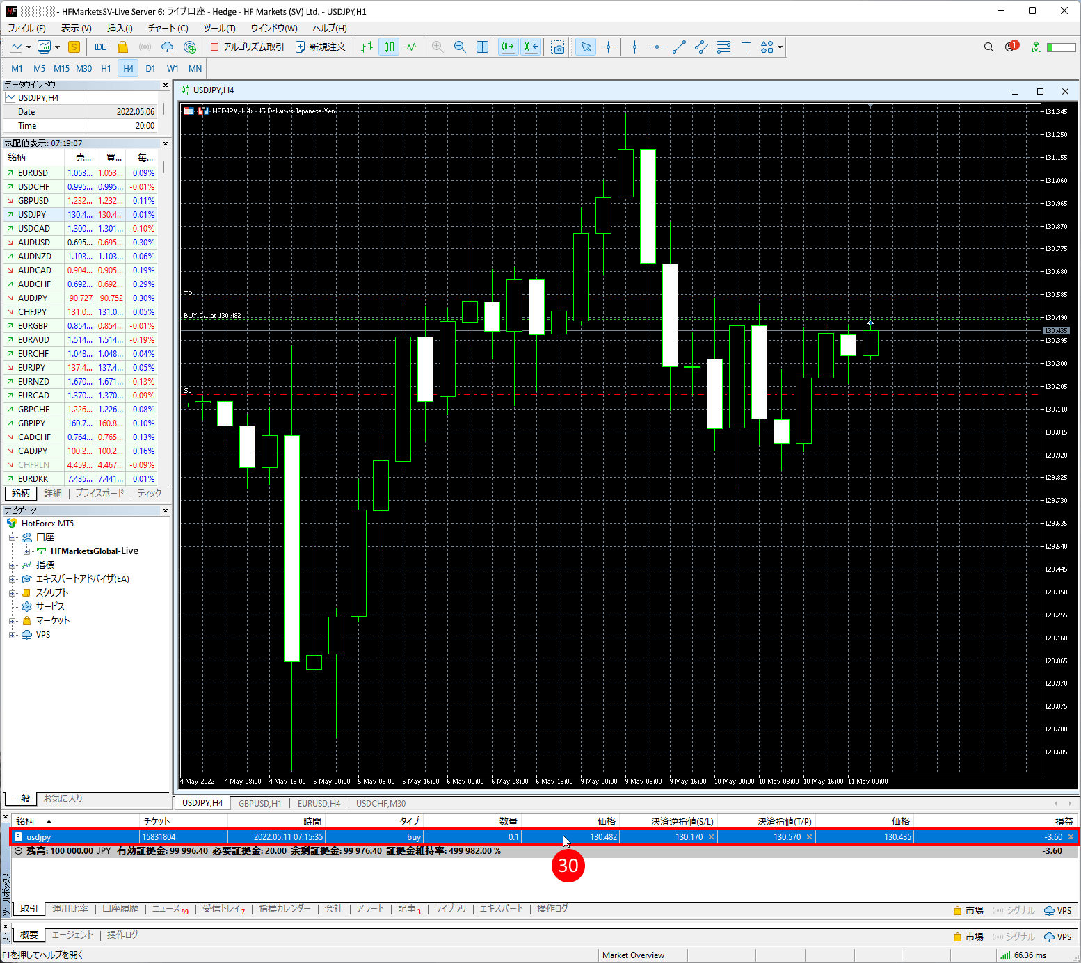 HFM (HFマーケッツ) のメタトレーダー5(MT5)に新規成行注文を発注する方法|YESボタンをクリックしてオーダーウィンドウを閉じる